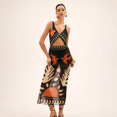 Abito Maxi Stampa Artistica con Cutout