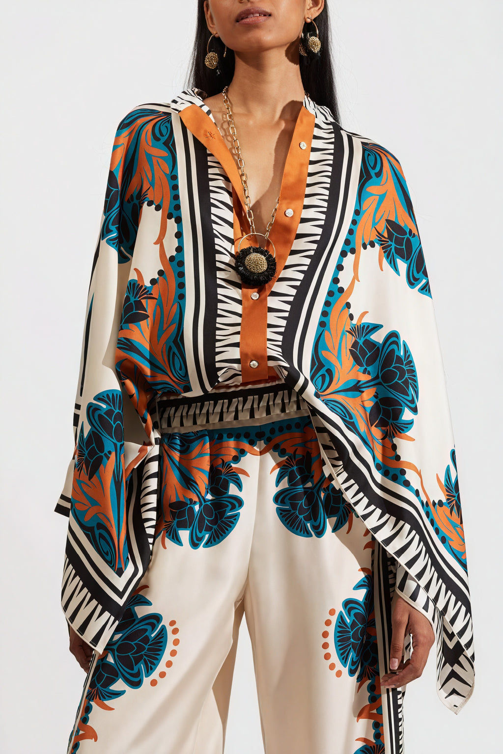 Chimono Completo Kimono Seta Donna - Pantaloni Ampi, Stampa Artistica – Dorio Moda