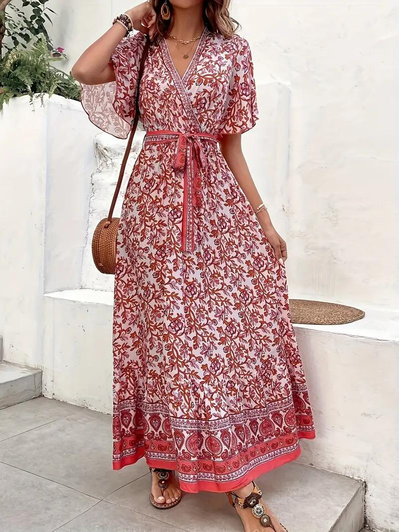 Abito Maxi Floreale con Scollo a V e Vita Annodata, Design Fluido per Vacanze Estive e Stile Bohemian-82359-7a21cccf-a0fe-41b2-84ea-e3f917efa1fd