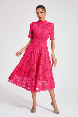 Abito Midi Donna in Pizzo – Scollo Alto, Dettaglio Cut-Out, Maniche Corte-83326-7b095fd6-dff8-4efc-a257-68a97d69cb0a