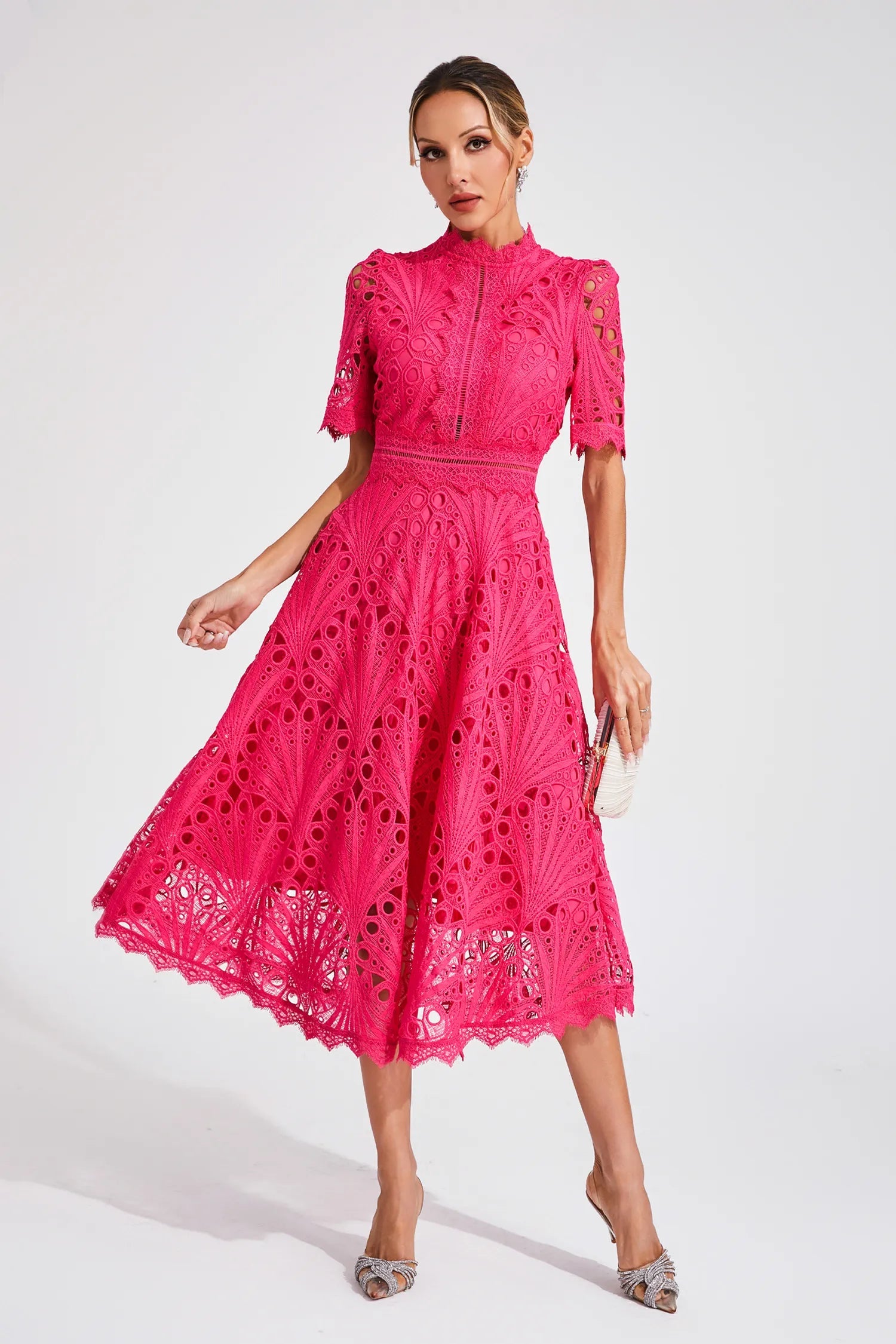 Abito Midi Donna in Pizzo – Scollo Alto, Dettaglio Cut-Out, Maniche Corte-83326-7b095fd6-dff8-4efc-a257-68a97d69cb0a