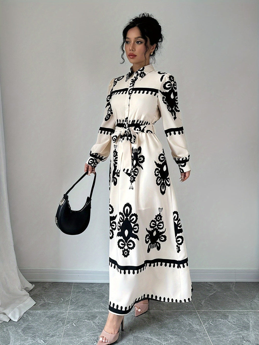 Abito Lungo Donna con Stampa Fantasia, Maniche Lunghe e Cintura a Nodo-83357-7cbada7f-a7d2-4cc3-a86b-e58a6c5207c6