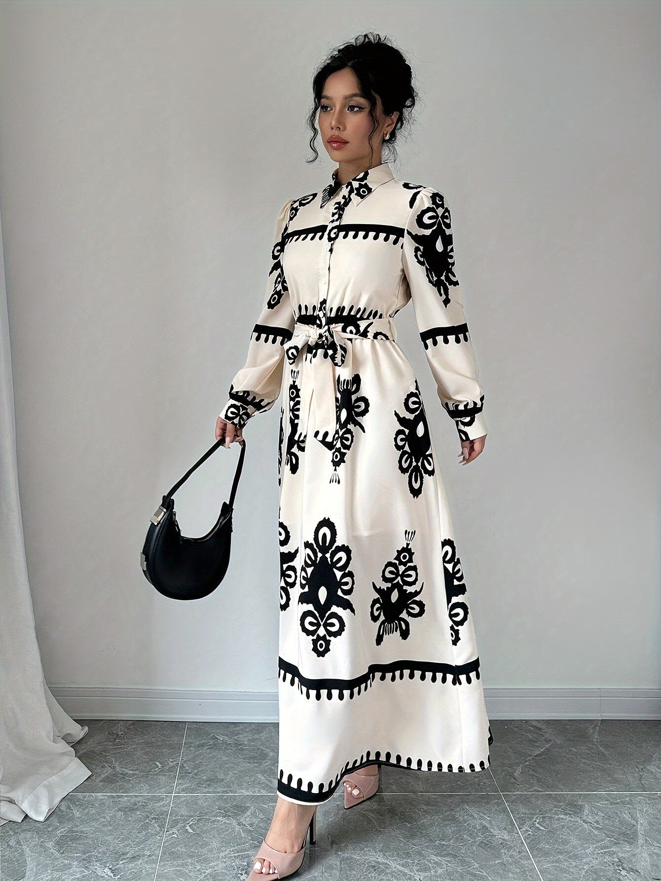 Abito Lungo Donna con Stampa Fantasia, Maniche Lunghe e Cintura a Nodo-83357-7cbada7f-a7d2-4cc3-a86b-e58a6c5207c6