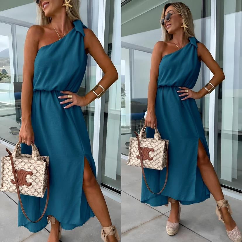 Abito Monospalla Donna con Spacco Laterale e Cintura in Vita, Stile Estivo-83342-7db3984d-bae7-4f79-b2eb-d07712d53b0a