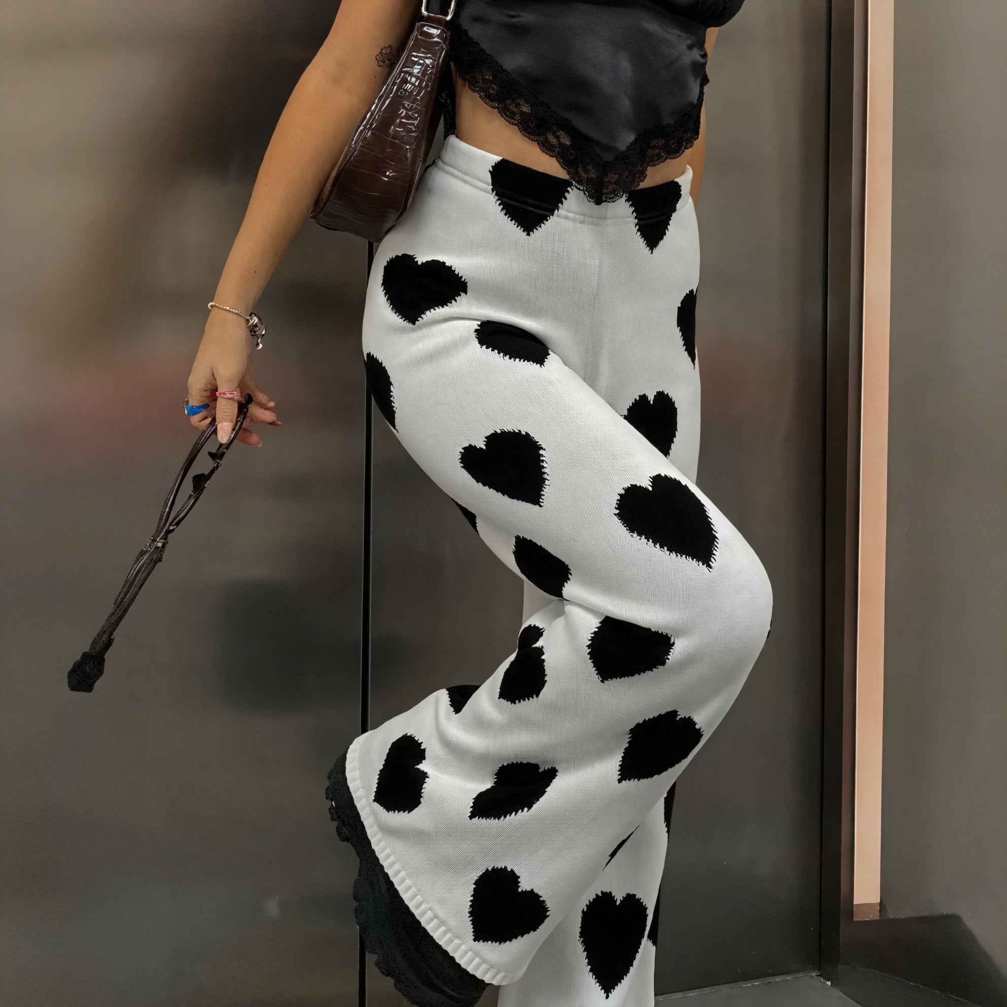 Pantaloni Knit a Gamba Larga con Cuori