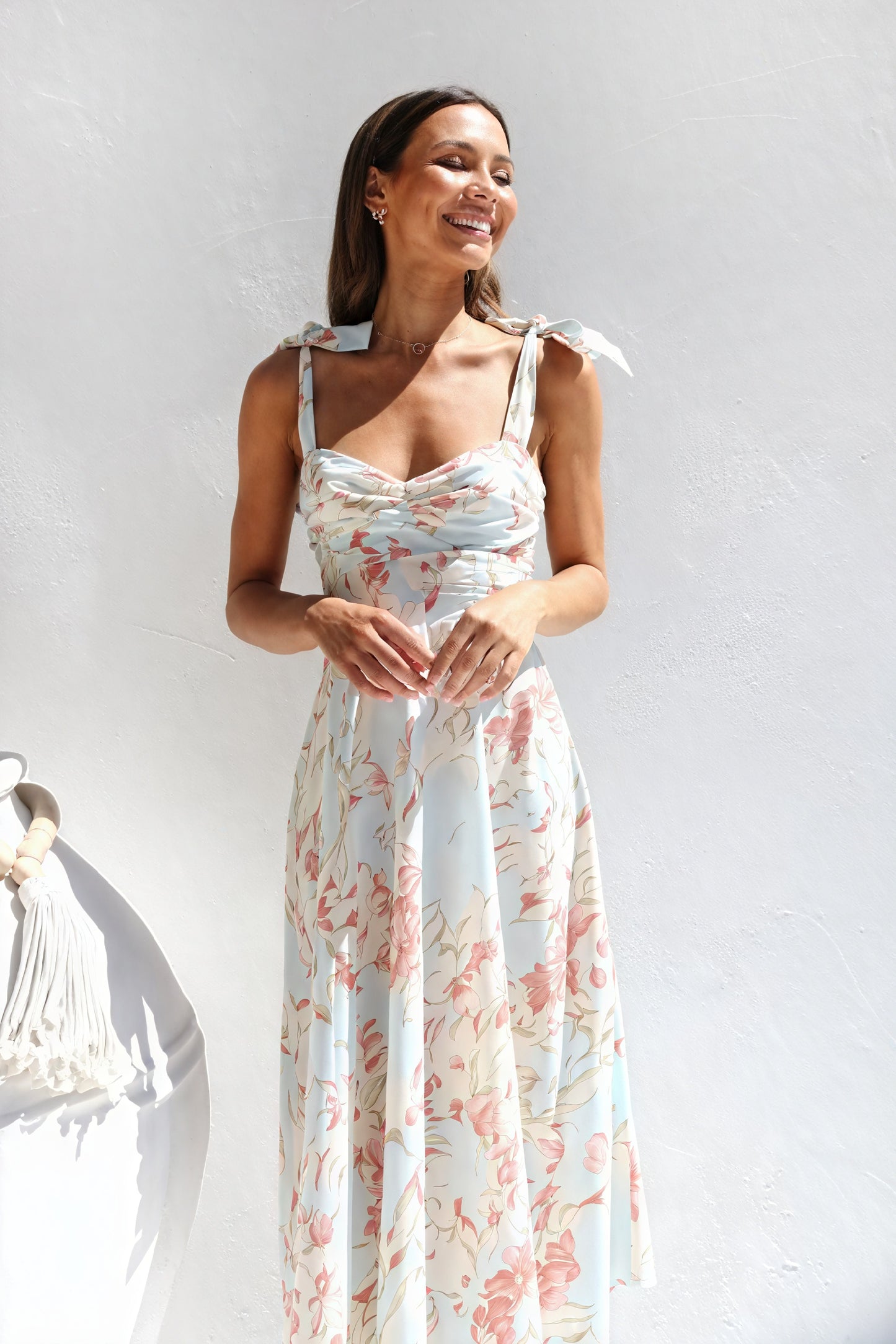 Abito Midi Floreale con Bretelle Annodabili