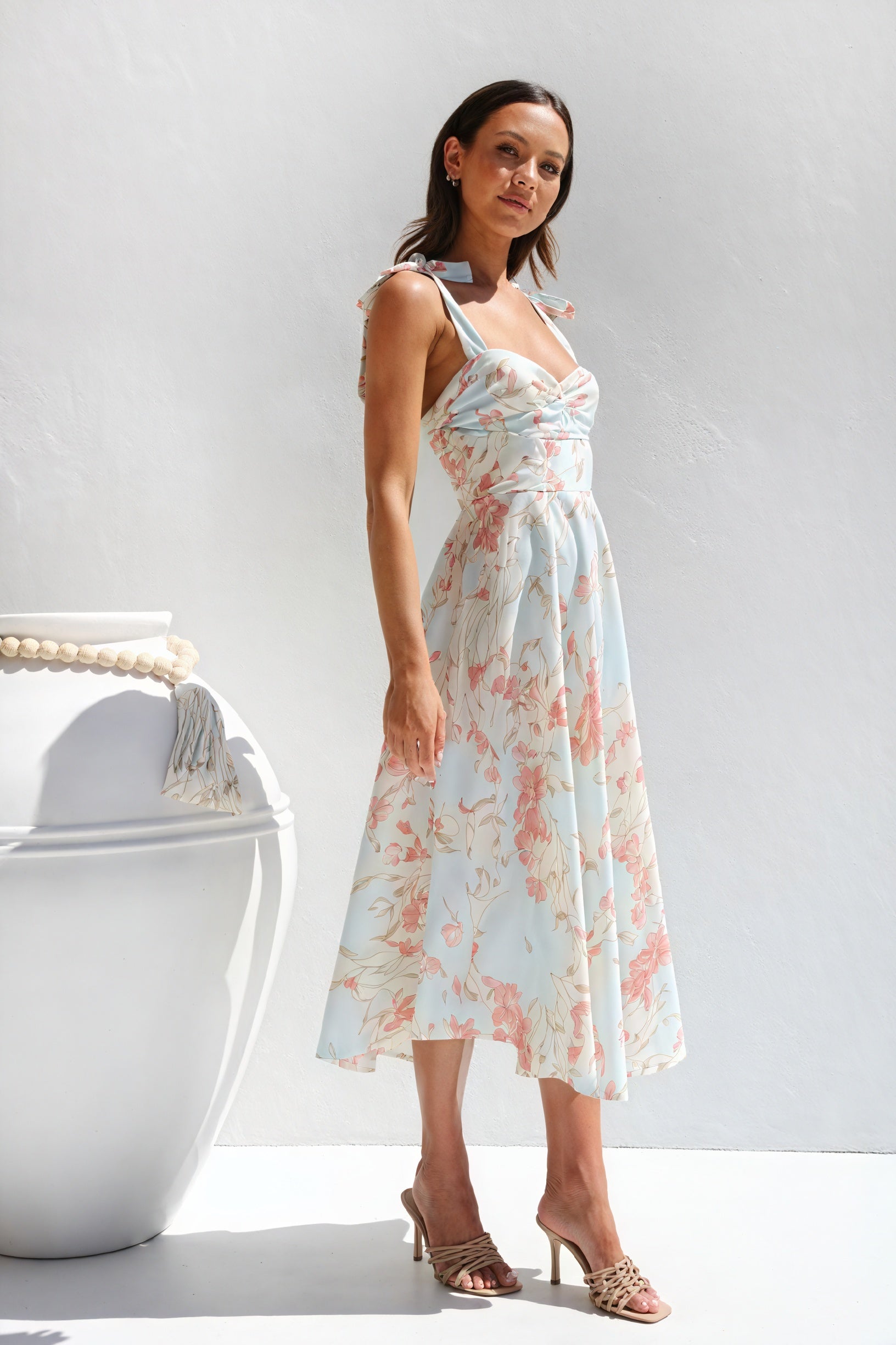Abito Midi Floreale con Bretelle Annodabili