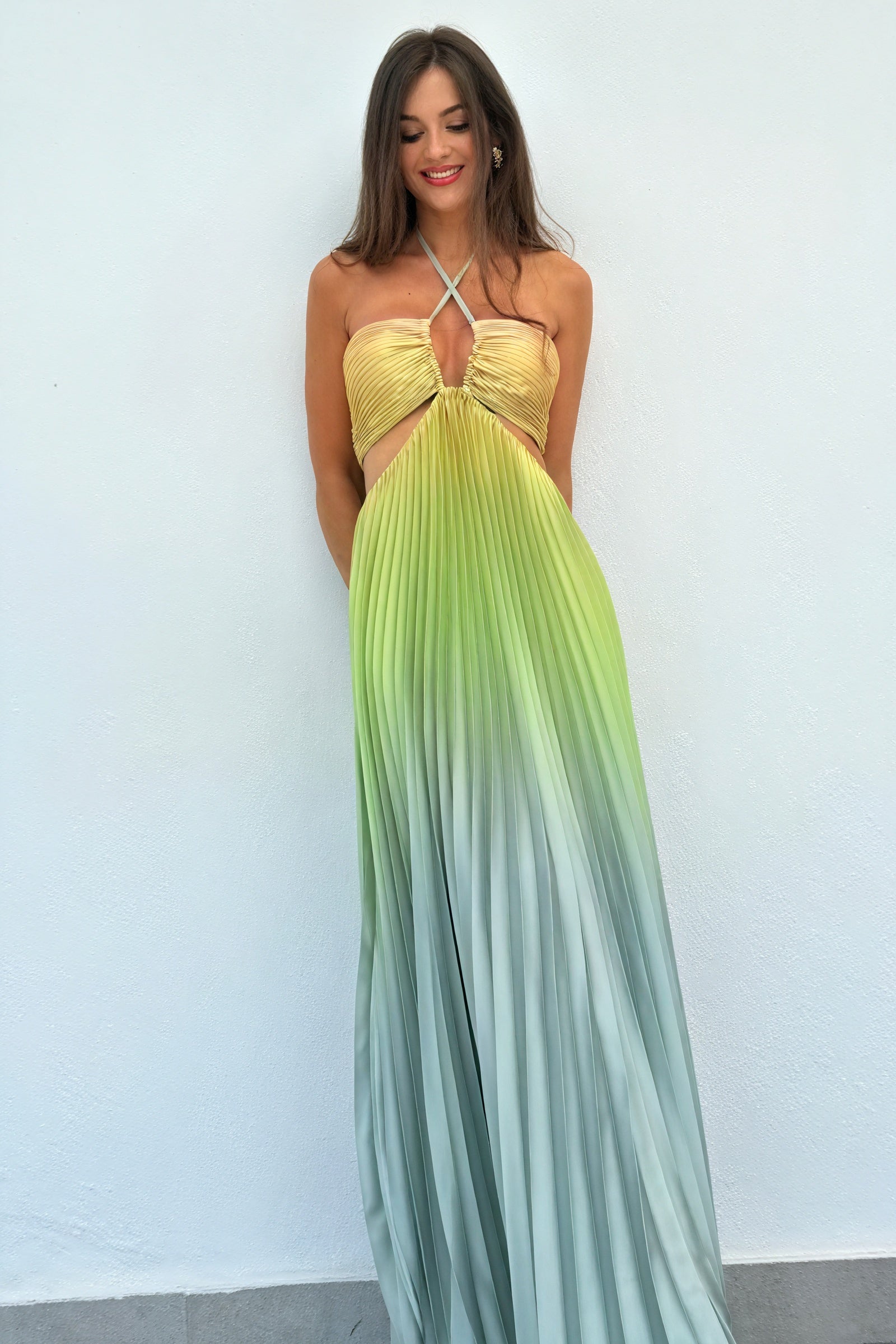 Abito Maxi Plissettato con Scollo Halter