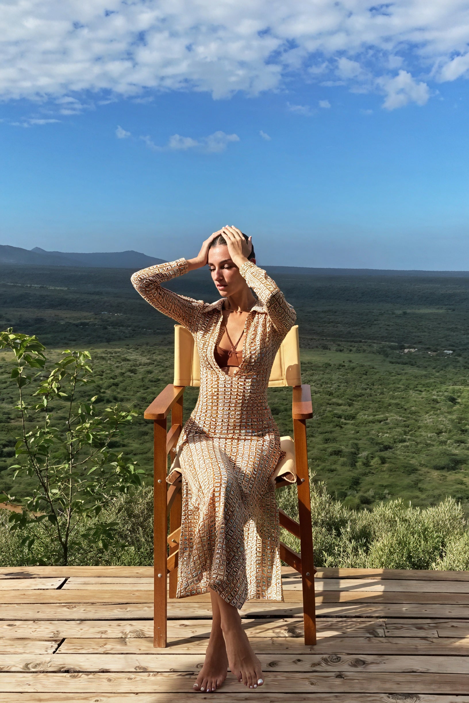 Abito Lungo con Motivo Geometrico