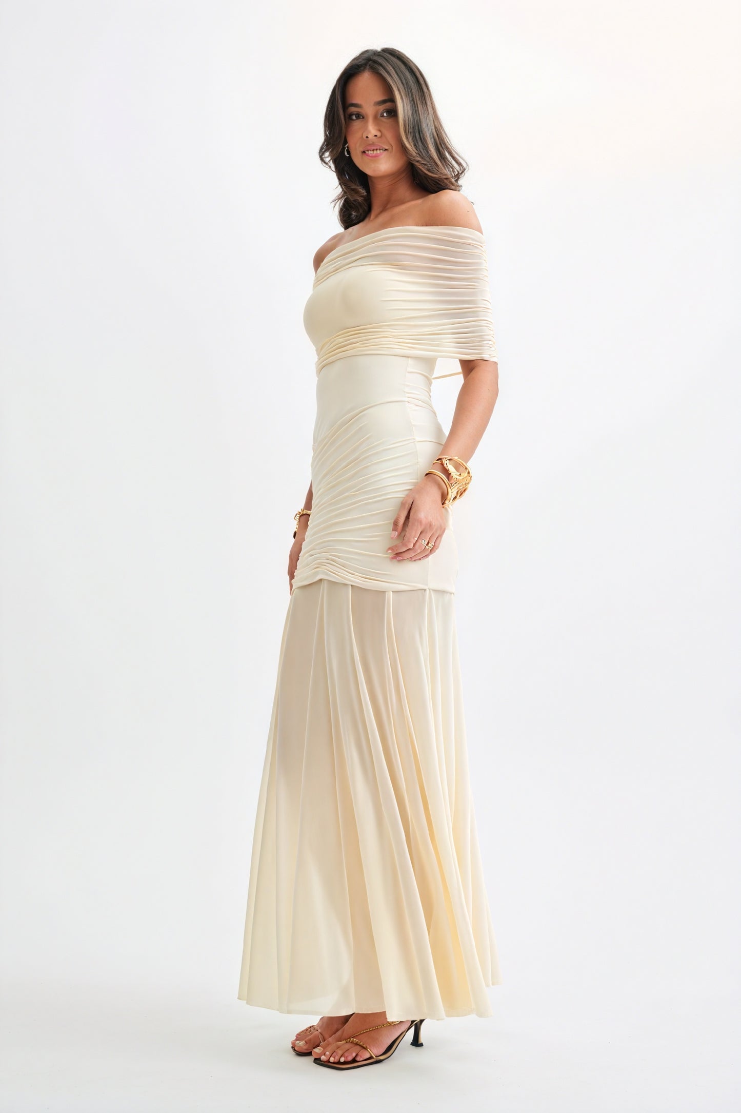 Abito Lungo Strapless con Dettaglio Ruches