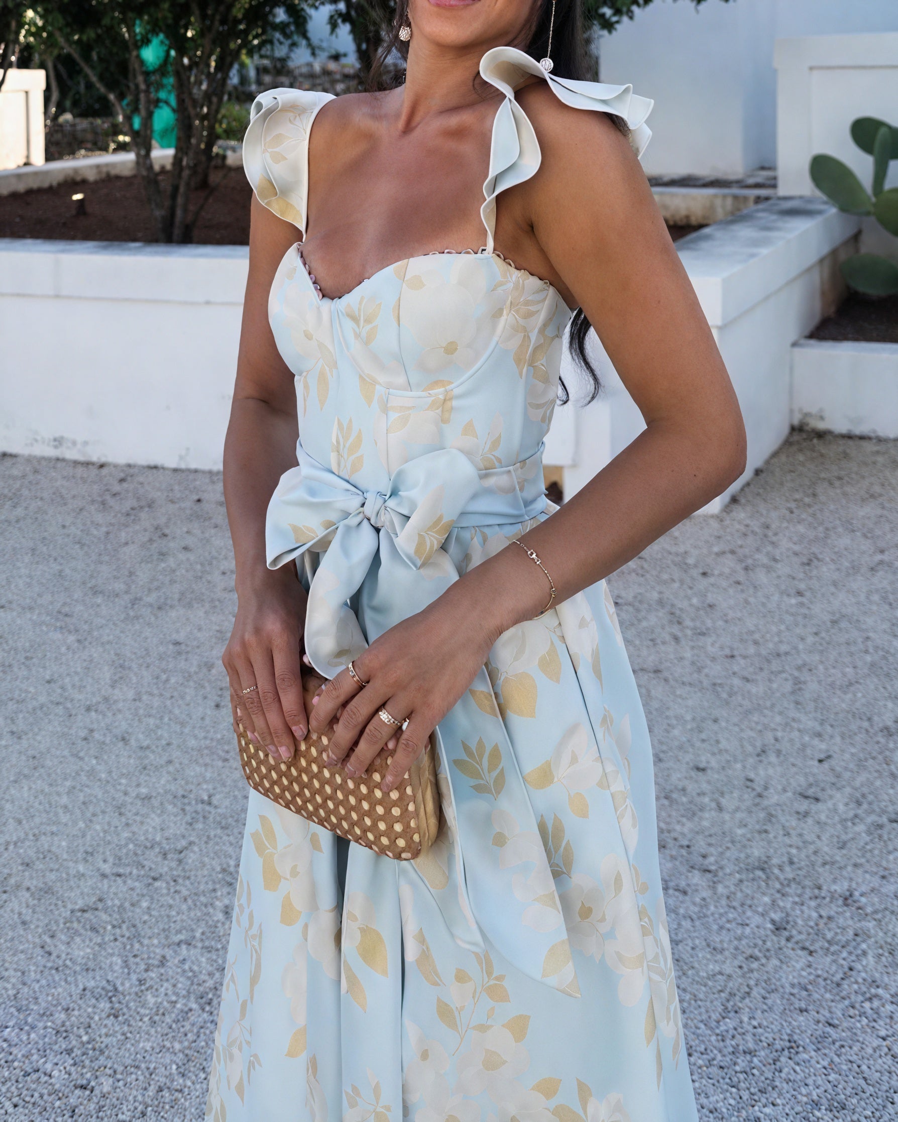 Abito Midi Donna Floreale Senza Maniche, Fiocco Vita, Spacco Anteriore, Elegante-81250-a2971ae0-ffd1-48d0-838c-d810e960e3c9