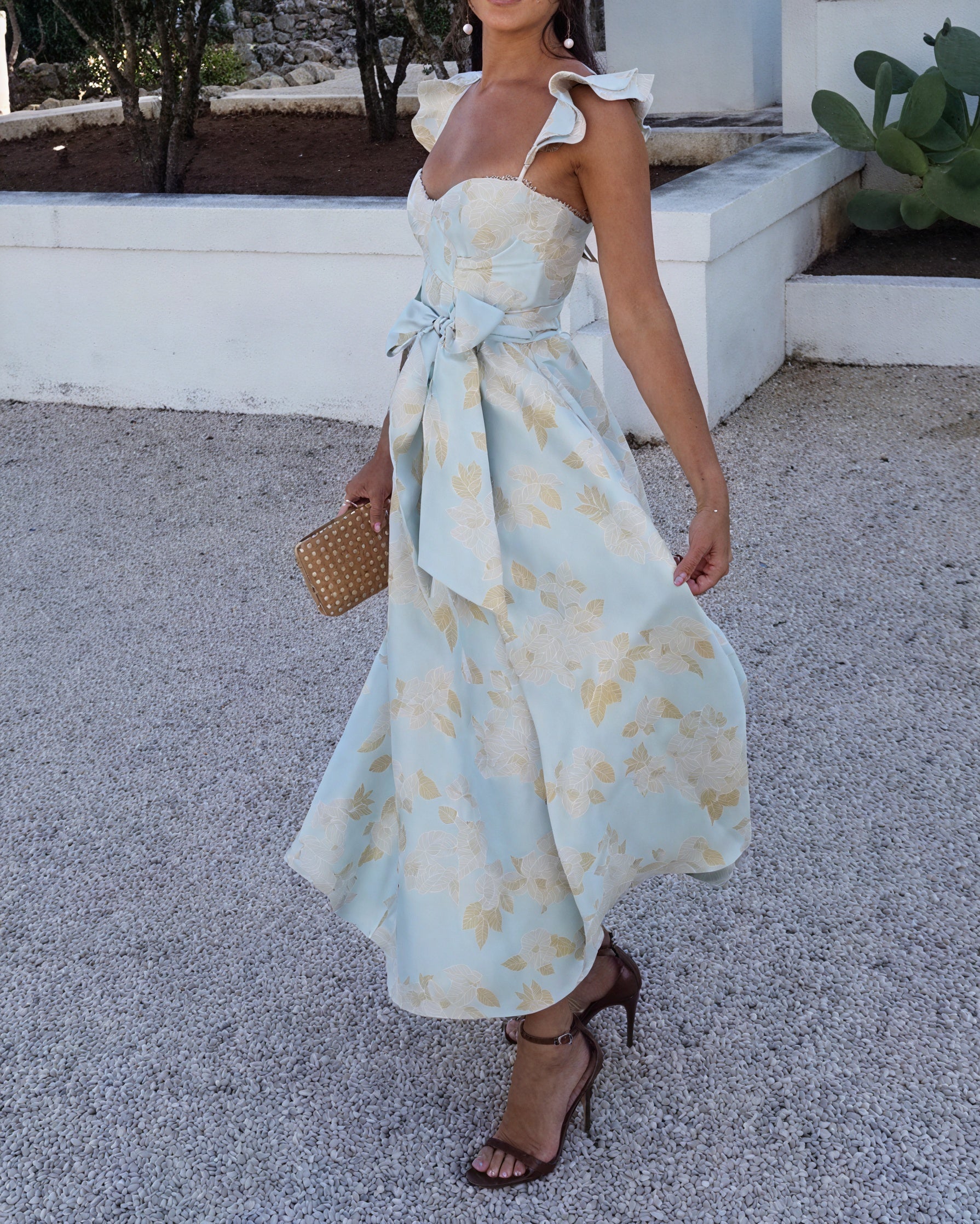 Abito Midi Donna Floreale Senza Maniche, Fiocco Vita, Spacco Anteriore, Elegante-81250-00e60505-a83d-4b81-825d-fa03530a32de