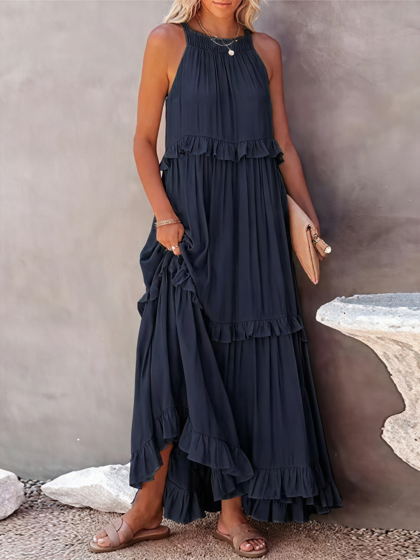 Abito Maxi Fluido Donna con Scollo All'Americana, Dettagli Volant, Design Leggero per Estate e Occasioni Casual-81649-50b6d16e-b470-4e22-b137-0c7cd2009739