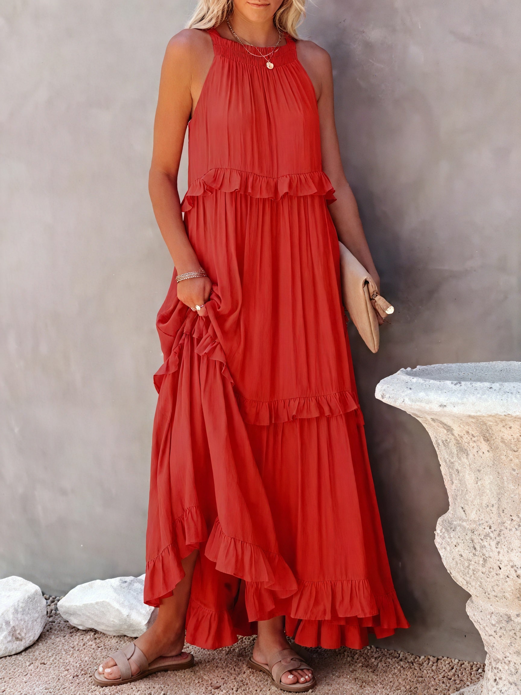 Abito Maxi Fluido Donna con Scollo All'Americana, Dettagli Volant, Design Leggero per Estate e Occasioni Casual-81649-826e933d-4722-4c66-bf3e-b25b277c5731