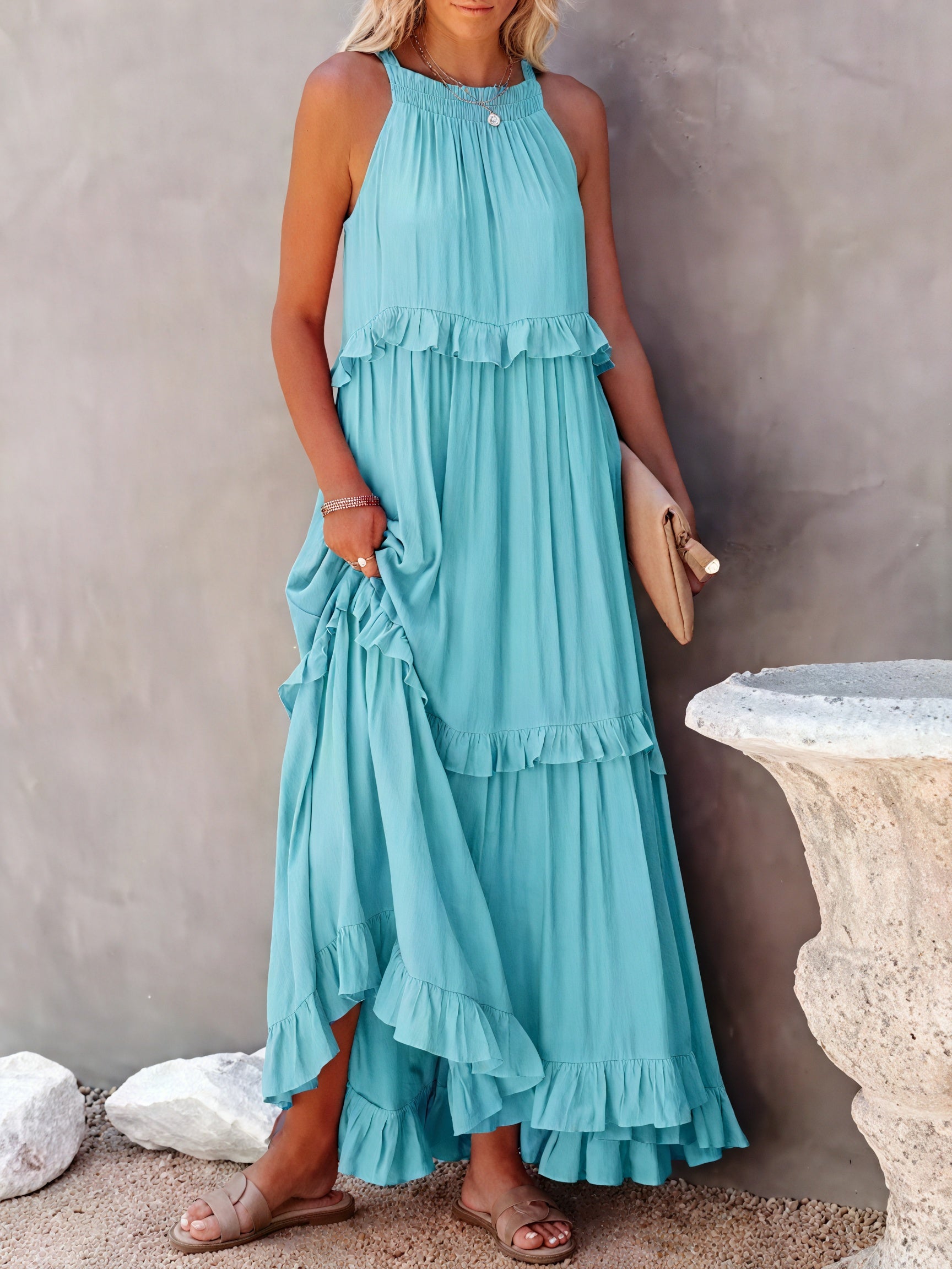 Abito Maxi Fluido Donna con Scollo All'Americana, Dettagli Volant, Design Leggero per Estate e Occasioni Casual-81649-bd97371b-223f-4581-81df-40737e23d899