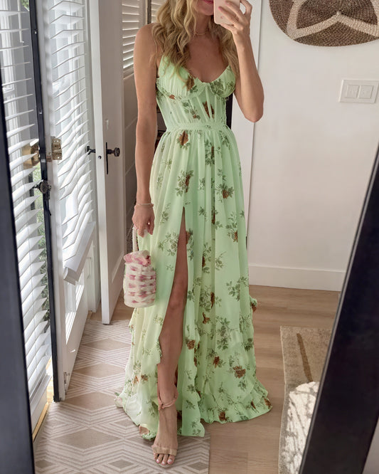 Abito Maxi Floreale Esclusivo con Spacco Alto e Spalline Sottili Regolabili, Silhouette Fluida per Eleganza Estiva e Vacanze-81660-ca3bb06b-f319-427e-a12c-9a0d88eb461e