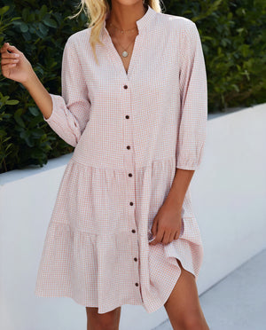 Abito Gingham con Abbottonatura, Maniche a Tre Quarti e Gonna a Balze - Stile Versatile Casual Chic-81722-746ff4dd-290d-49b7-88c0-526f9b546f02