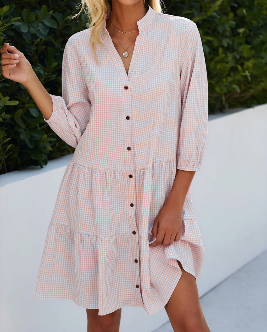 Abito Gingham con Abbottonatura, Maniche a Tre Quarti e Gonna a Balze - Stile Versatile Casual Chic-81722-746ff4dd-290d-49b7-88c0-526f9b546f02