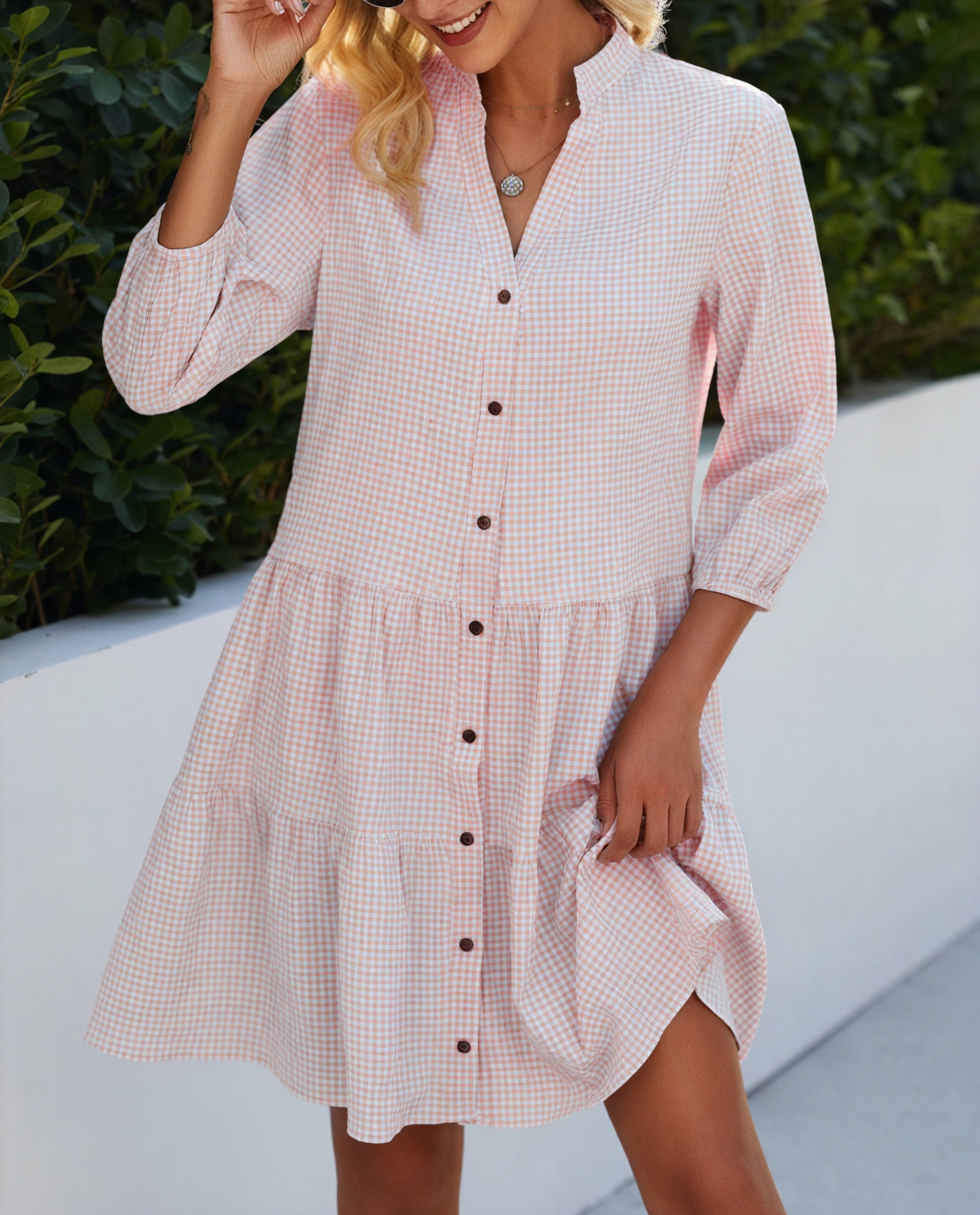 Abito Gingham con Abbottonatura, Maniche a Tre Quarti e Gonna a Balze - Stile Versatile Casual Chic-81722-d338c8e3-5ae4-496a-a079-c7b198efa29f