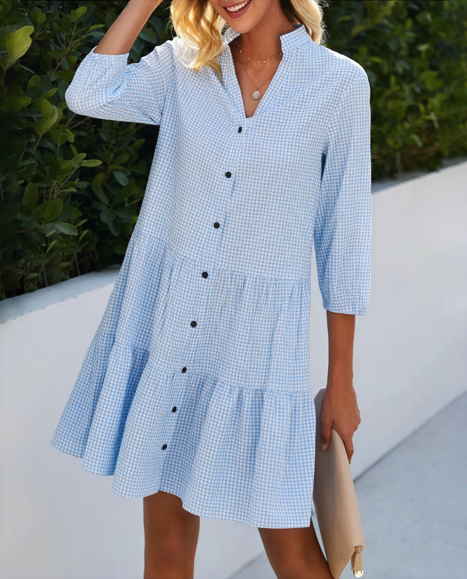Abito Gingham con Abbottonatura, Maniche a Tre Quarti e Gonna a Balze - Stile Versatile Casual Chic-81722-65524a53-a13a-40a8-b85b-263e1953edd2