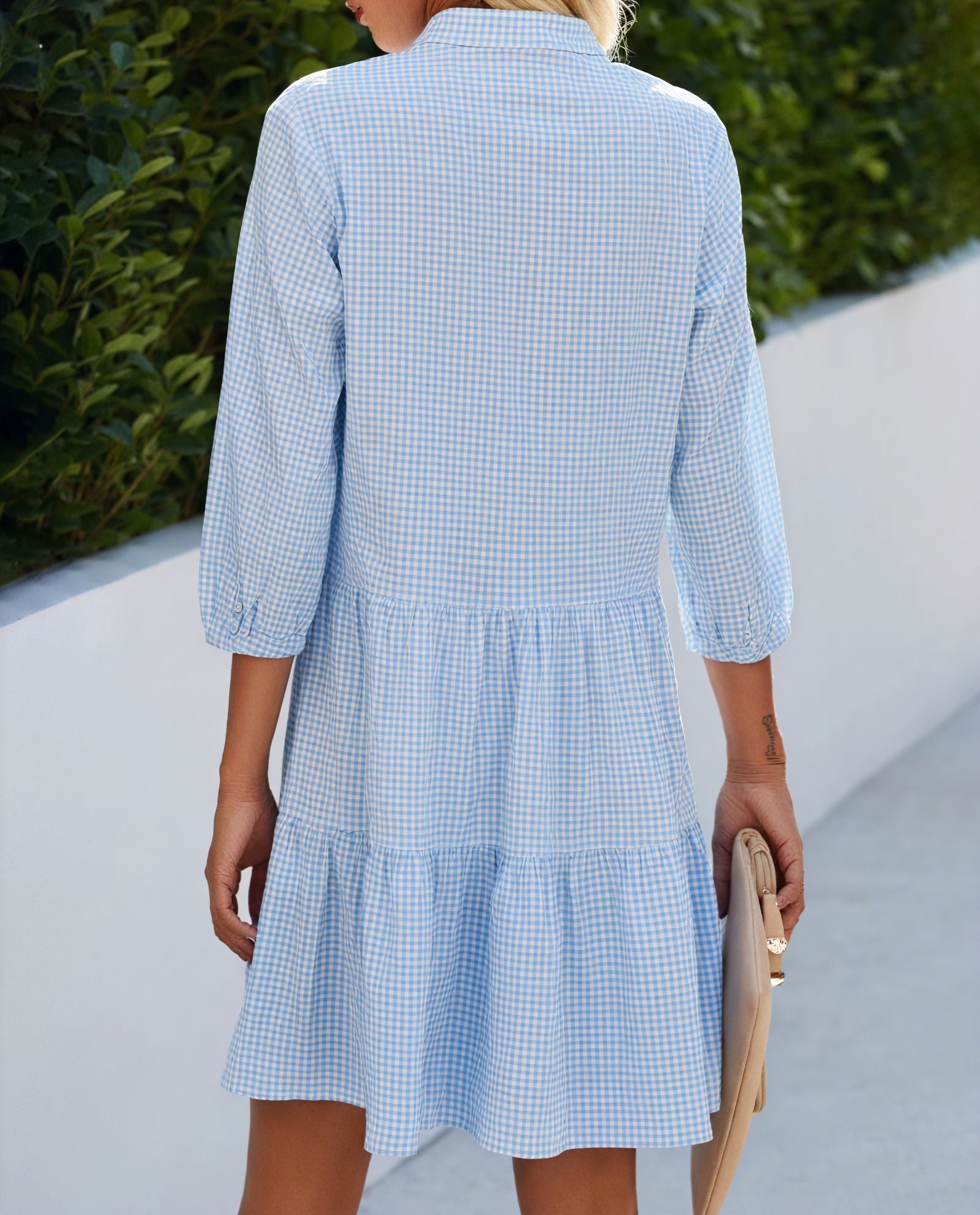 Abito Gingham con Abbottonatura, Maniche a Tre Quarti e Gonna a Balze - Stile Versatile Casual Chic-81722-08b65a98-2e90-415c-9d1f-2c0306aa6a2d