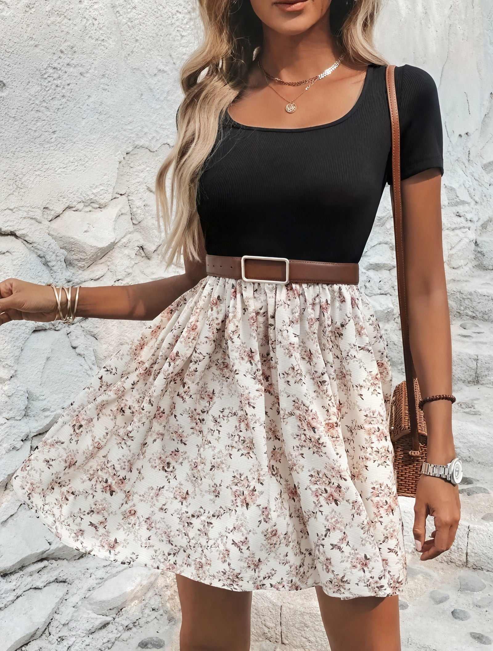 Abito Effetto Due Pezzi con Scollo Quadrato, Gonna Stampa Floreale e Maniche Corte - Stile Estivo Versatile-82320-32642e98-dc01-4609-bc54-fecb3457304c