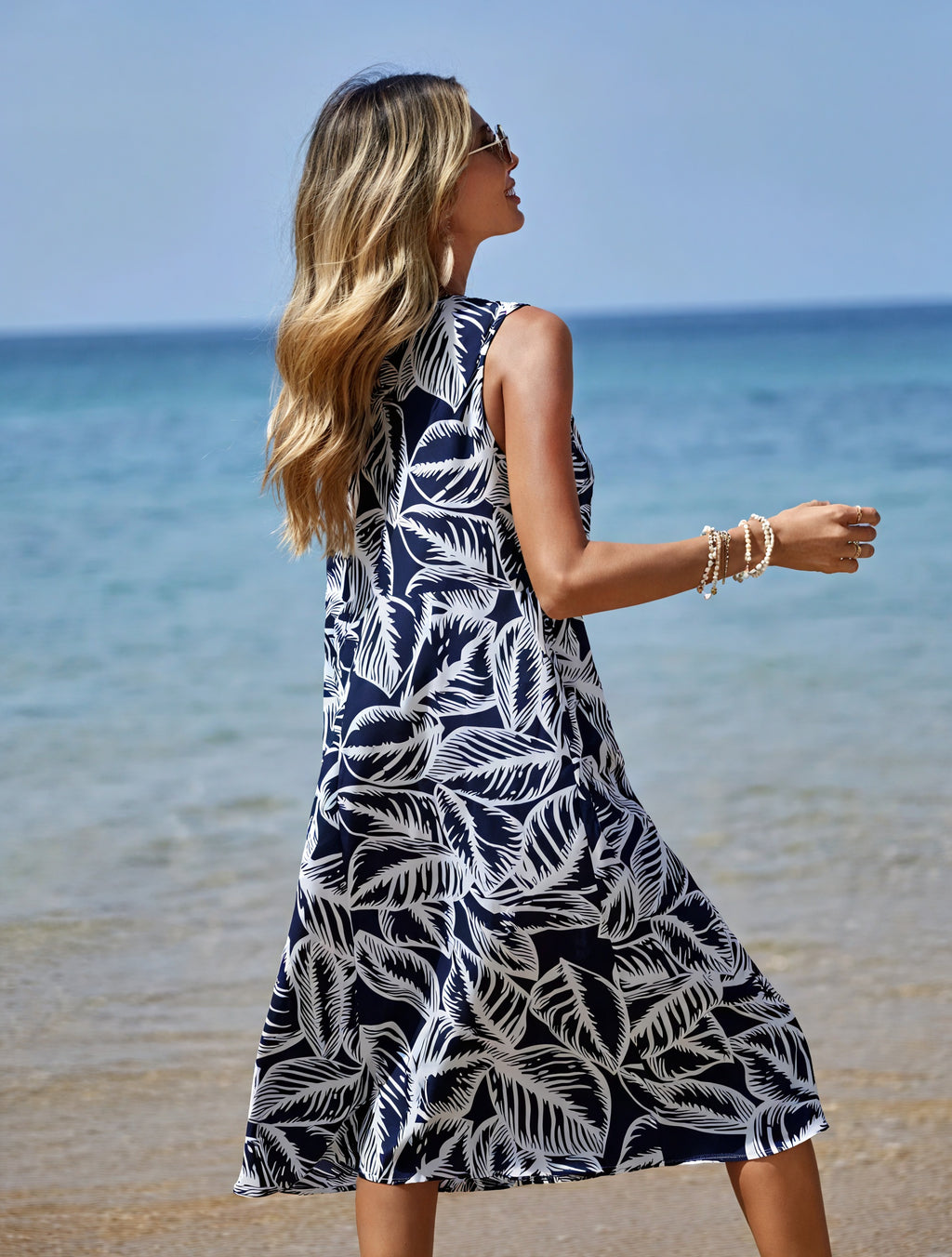 Abito Midi A-Line con Stampa Tropicale