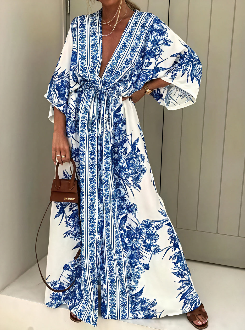 Abito Maxi Stile Kimono con Cintura