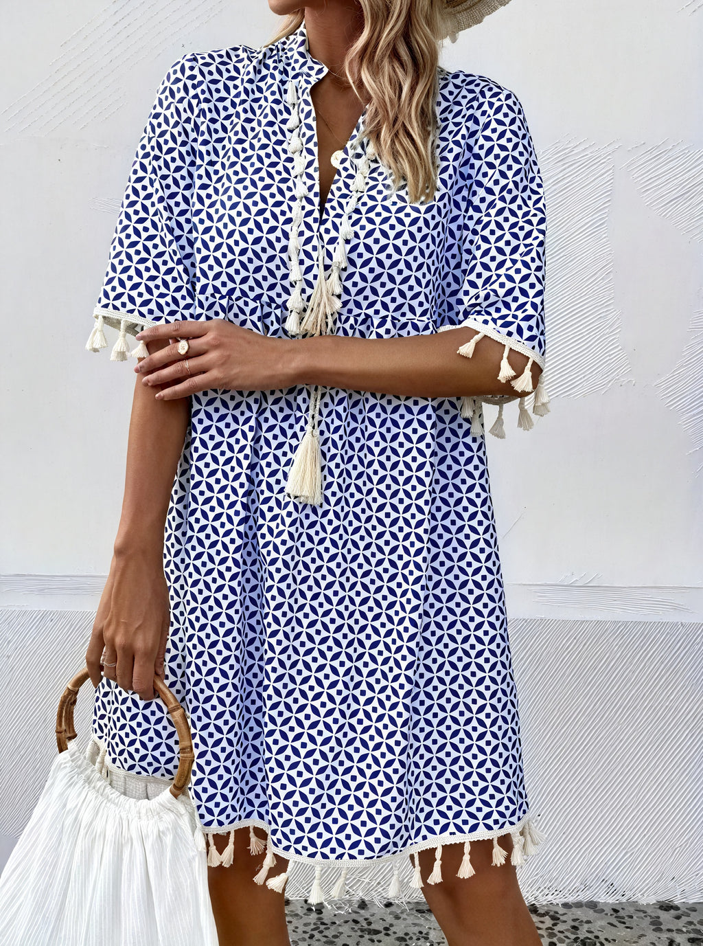 Abito Donna Estivo Fantasia Geometrica Blu Bianco Nappe Maniche Corte Leggero-82531-dc123c0b-a995-4fee-9251-2bef717b12a1