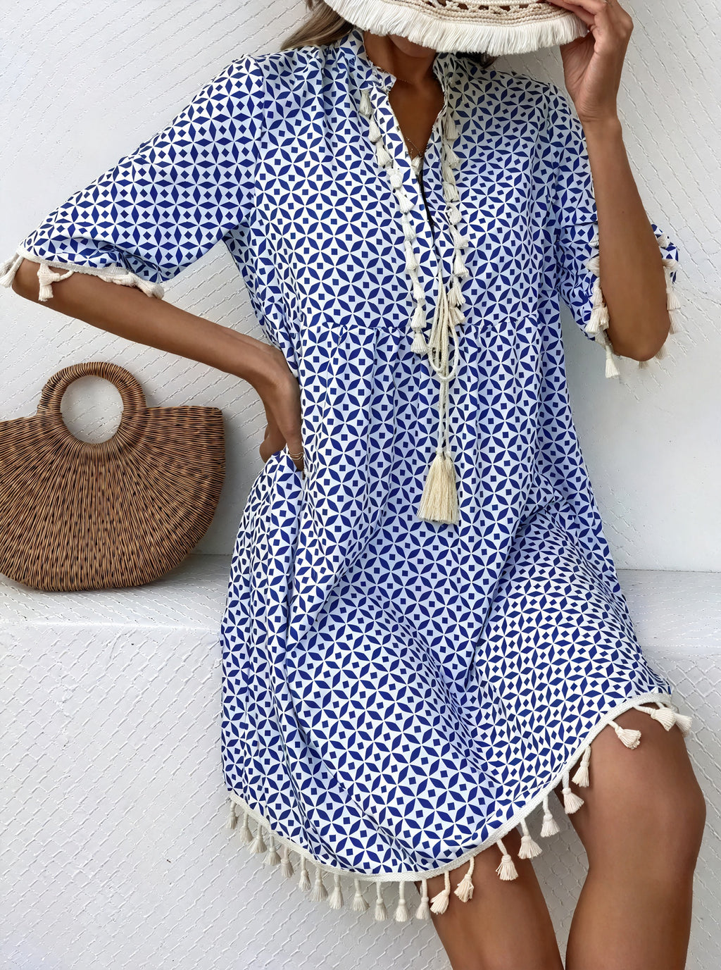 Abito Donna Estivo Fantasia Geometrica Blu Bianco Nappe Maniche Corte Leggero-82531-9b2d16bb-890c-4664-806d-4f264a4f0b89