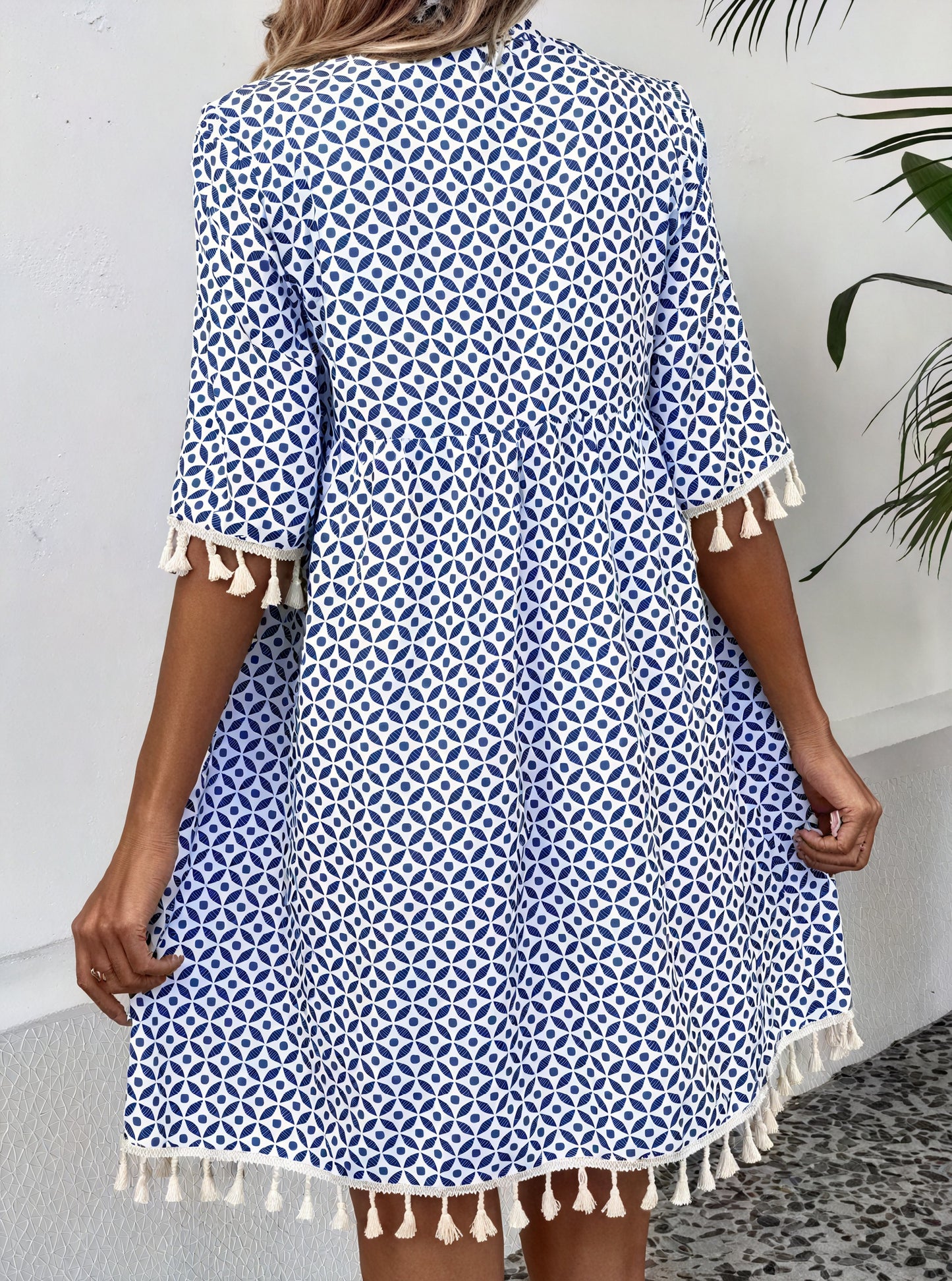 Abito Donna Estivo Fantasia Geometrica Blu Bianco Nappe Maniche Corte Leggero-82531-f6283457-38c9-4fa5-b8d4-ff2536c1491a