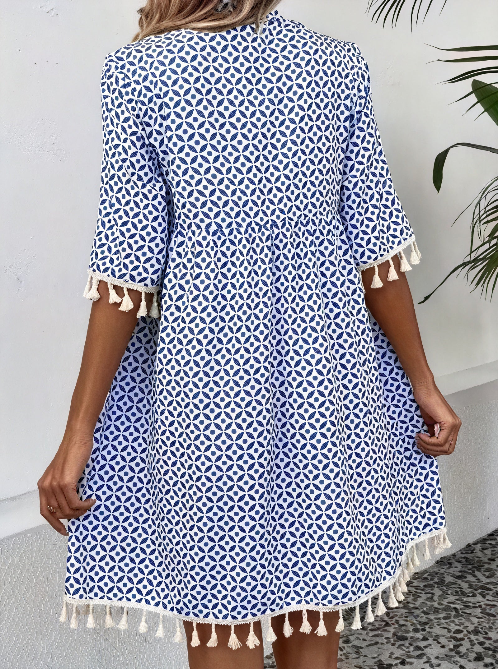 Abito Donna Estivo Fantasia Geometrica Blu Bianco Nappe Maniche Corte Leggero-82531-f6283457-38c9-4fa5-b8d4-ff2536c1491a