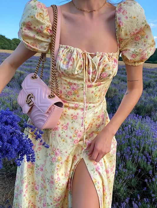 Abito Floreale Donna con Scollo Quadrato Maniche a Palloncino e Spacco Alto per Eventi Estivi Romantici-82654-2a852fec-08c1-4e82-a7ac-d2597e55f445