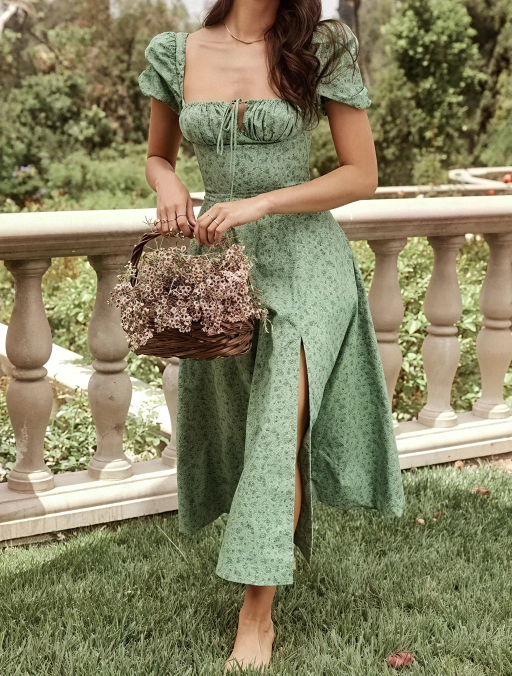 Abito Floreale Donna con Scollo Quadrato Maniche a Palloncino e Spacco Alto per Eventi Estivi Romantici-82654-dbb84192-f3d1-47df-add0-14411cdb2540