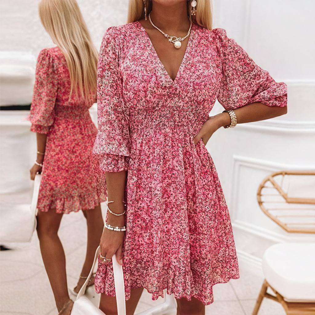 Abito Floreale con Maniche a Tre Quarti