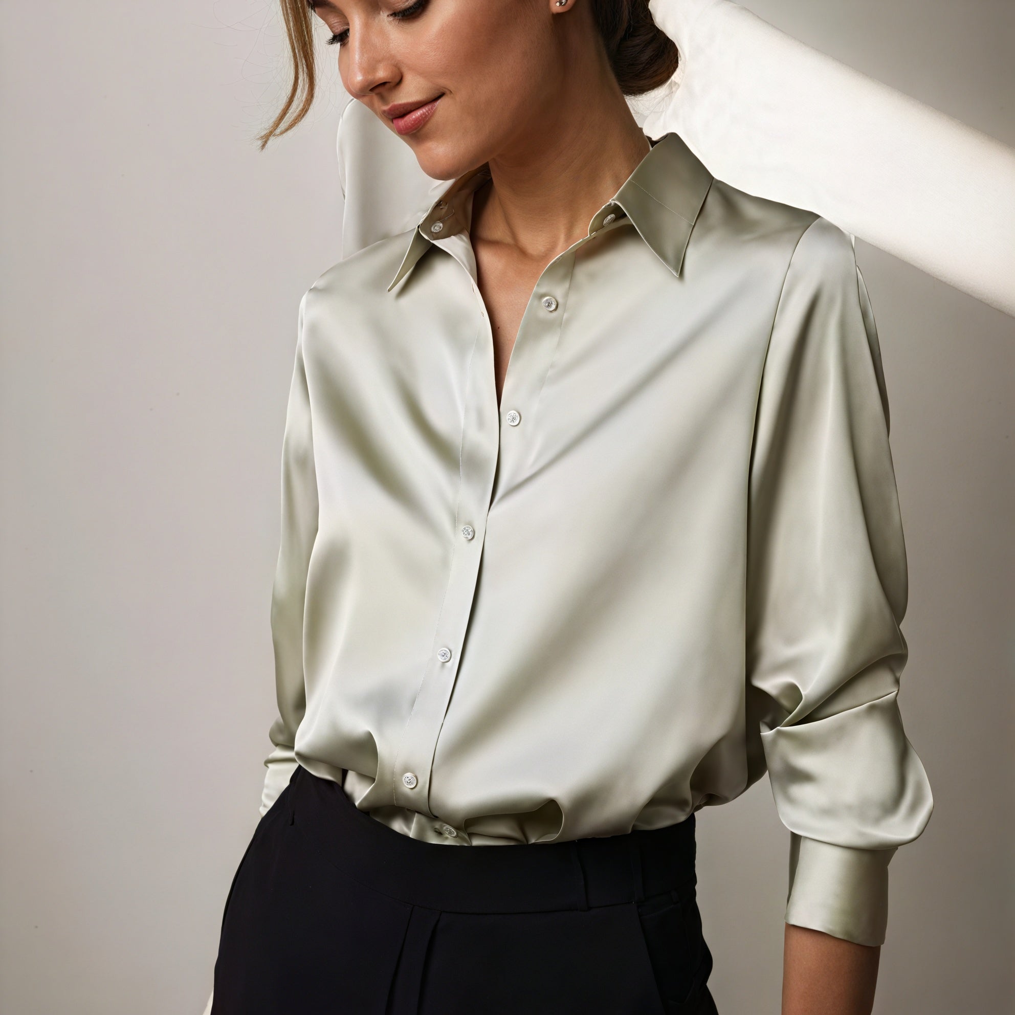 Olive | Elegant Fit Satin Blouse with Soft Sheen - Image 1