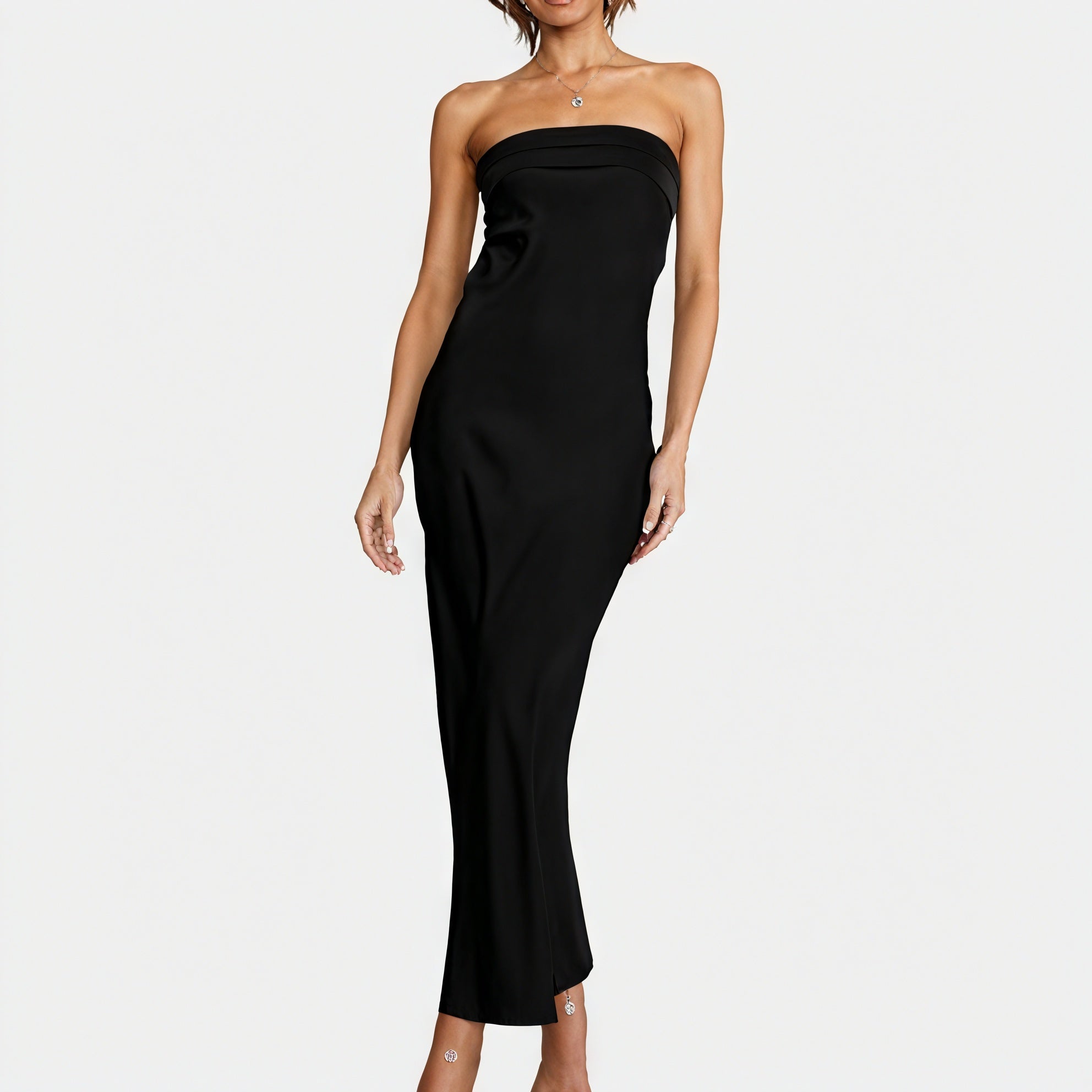 Courtney | Elegant Strapless Long Satin Look Dress - Image 2