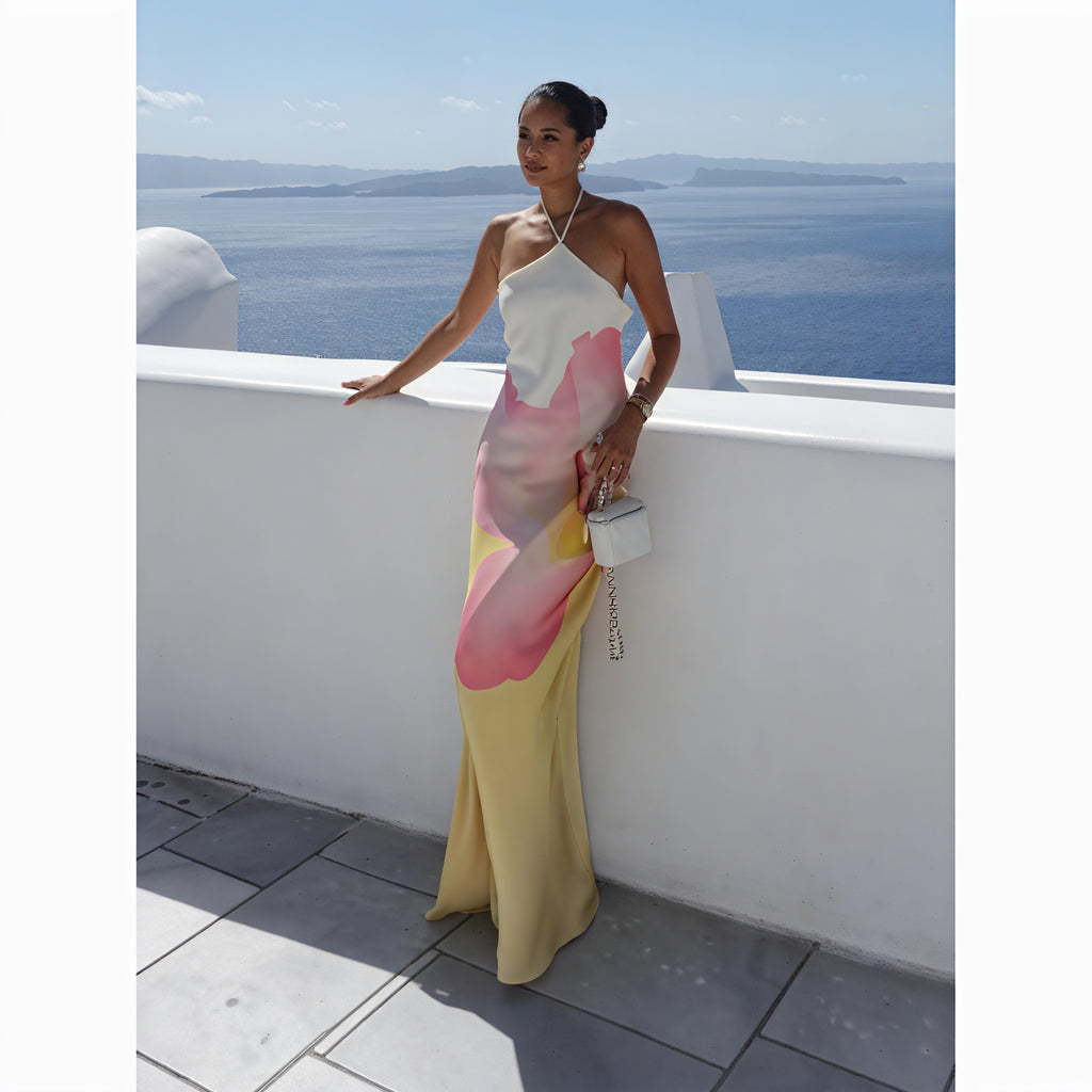 Abito Maxi Donna Stampa Fantasia Monospalla Scollo Halter Senza Maniche Elegante-83229-997b5f3a-b6a6-456e-adbf-580426701315