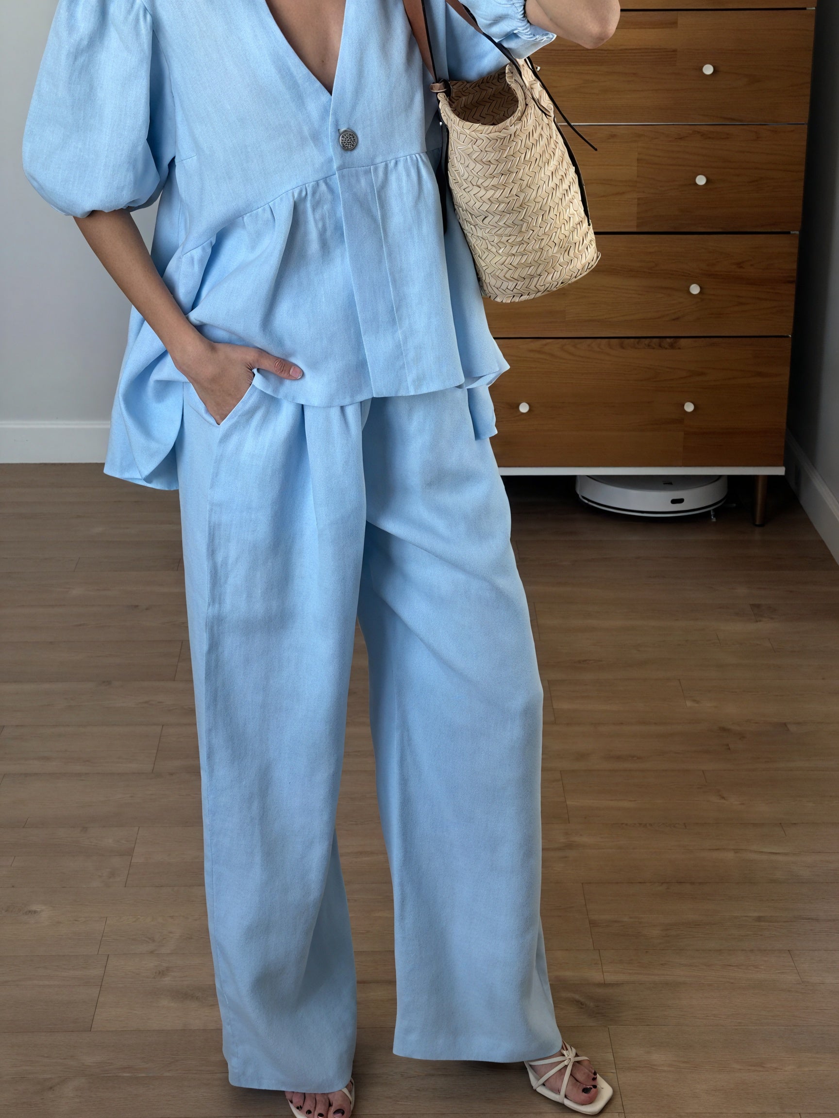 Dorio Moda Completo Due Pezzi da Donna in Lino – Top Scollo a V, Maniche a Sbuffo, Pantaloni Gamba Larga, XS-XL-83274-554f8dfe-babb-4d72-a6ab-1ab05533a1fb