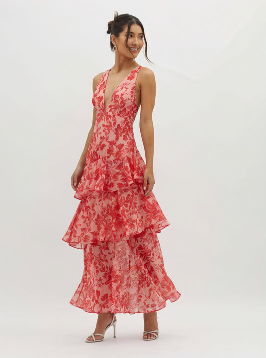 Dorio Moda Abito Donna Floreale con Scollo a V e Gonna a Balze Fluida-83283-d7f6005b-0a98-473c-82f2-09286dbd057d