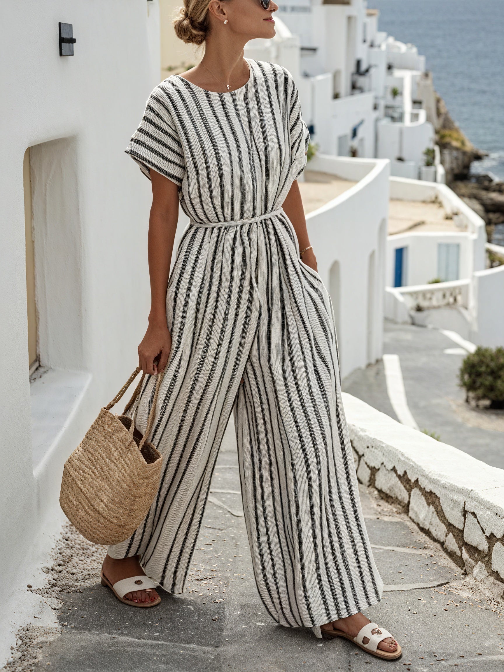 Dorio Moda Tuta Donna a Righe – Gamba Larga, Maniche Corte, Cintura, Leggera-83287-2d391c01-1a11-49eb-8499-968cbdea13c4