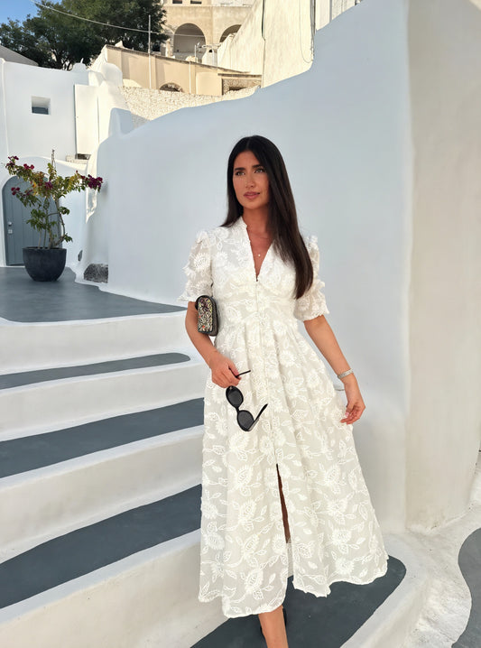 Dorio Moda Abito Midi da Donna – Bianco Ricamato, Abbottonato, Maniche Corte-83314-ce3ade1d-7568-4458-8492-8e7b11d640cf