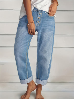 Jeans Donna Azzurro Chiaro Vestibilità Larga Orlo Risvoltato Chiusura Bottoni-83359-b5b290b7-77f6-44b3-9373-59cee133f370