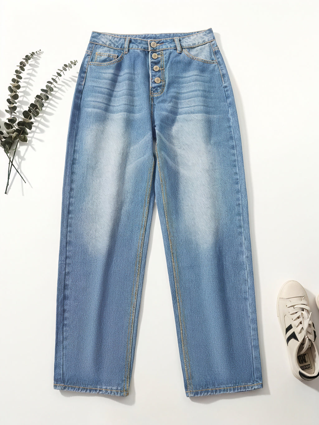 Jeans Donna Azzurro Chiaro Vestibilità Larga Orlo Risvoltato Chiusura Bottoni-83359-ad8be609-8886-4d7f-9d88-8ef0d46d5367