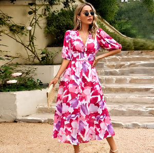 Donna Abito Midi – Scollo a V Maniche Corte Stampa Floreale Fluido-83546-0f41be4b-c23f-4f33-b9fb-14ea1db43e1a
