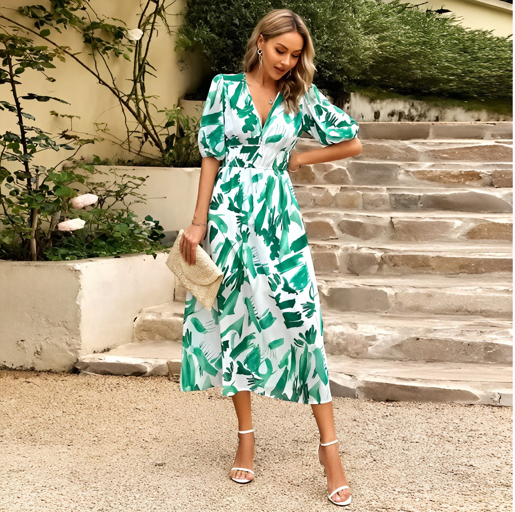 Donna Abito Midi – Scollo a V Maniche Corte Stampa Floreale Fluido-83546-3a96839c-7b4c-4677-8776-64138cf25c93