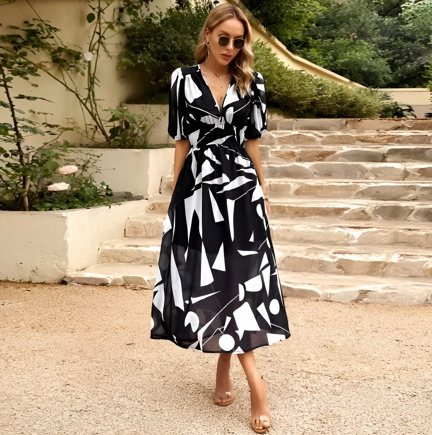 Donna Abito Midi – Scollo a V Maniche Corte Stampa Floreale Fluido-83546-6e906231-b624-4694-bf66-89174f3f5267