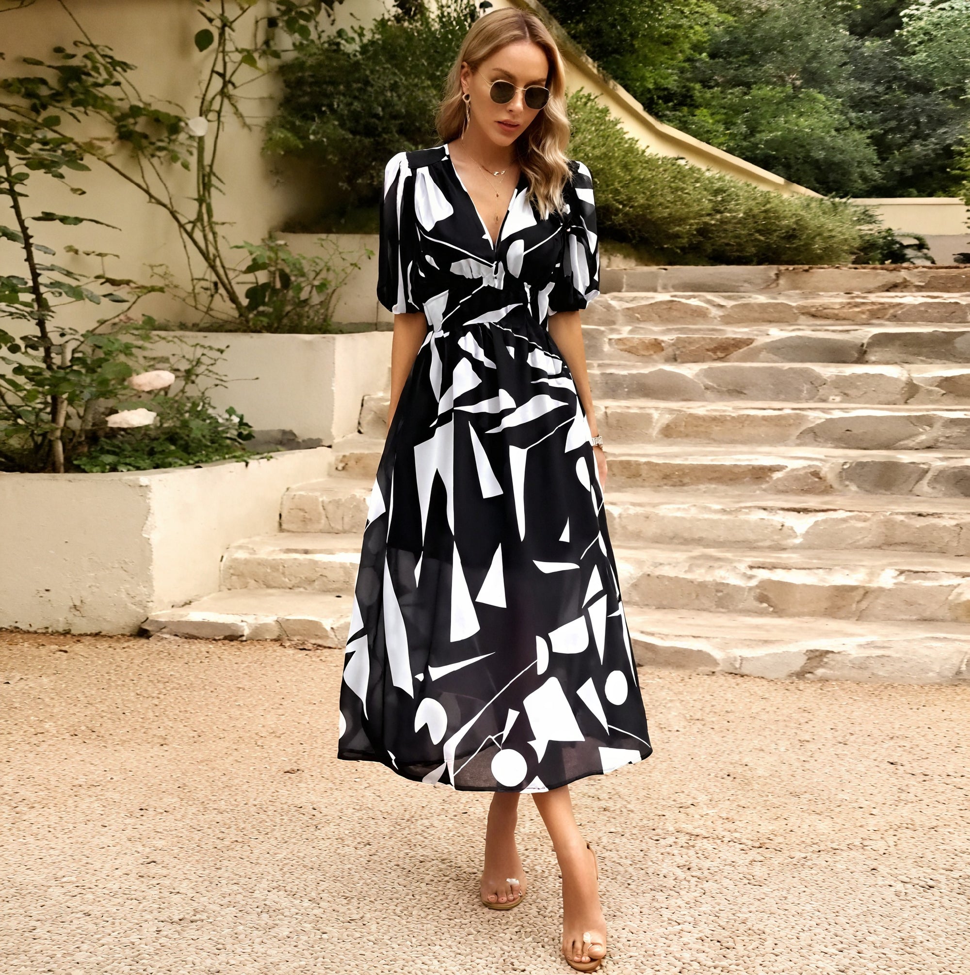 Donna Abito Midi – Scollo a V Maniche Corte Stampa Floreale Fluido-83546-6e906231-b624-4694-bf66-89174f3f5267