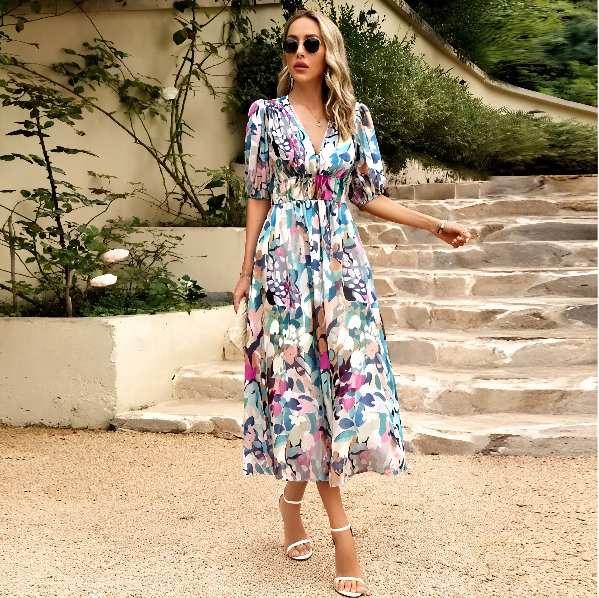 Donna Abito Midi – Scollo a V Maniche Corte Stampa Floreale Fluido-83546-b193803f-d1b8-4c86-b8a6-40908597ad22