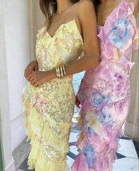 Abito Senza Maniche Floreale con Balze